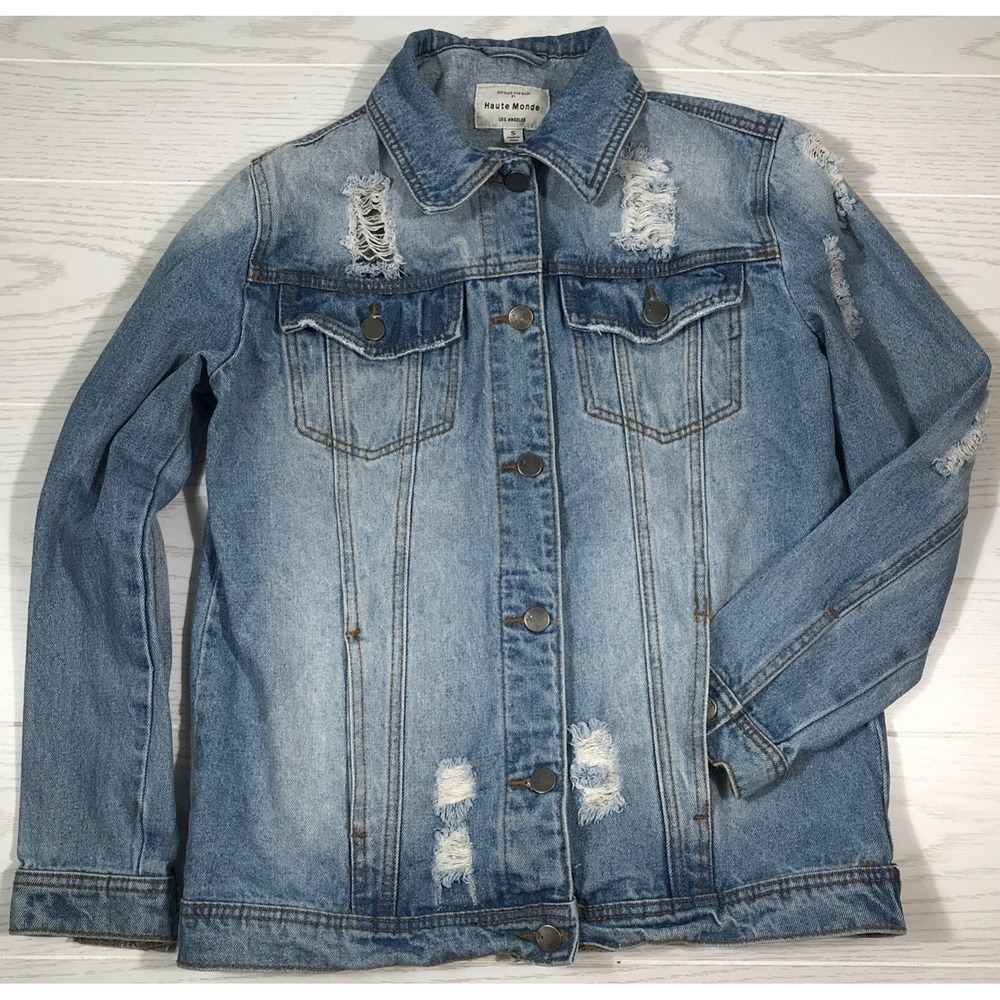 Haute Monde Denim Jacket Women Small Blue Distressed Button Up Pockets Cotton